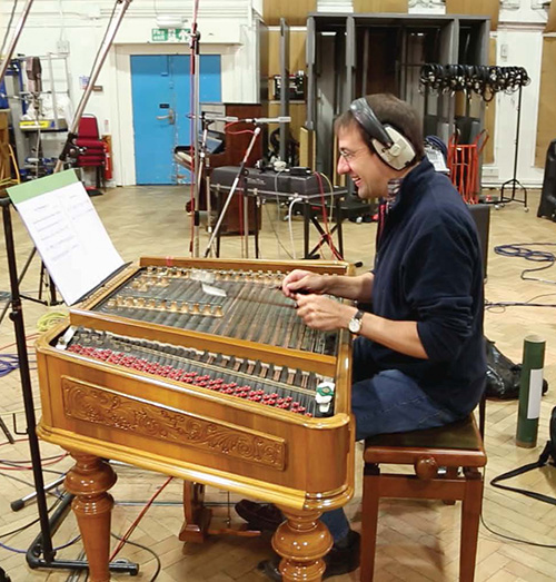 Ed Cervenka on cimbalom during <i>U.N.C.L.E.</i> session. (photo courtesy of Daniel Pemberton)