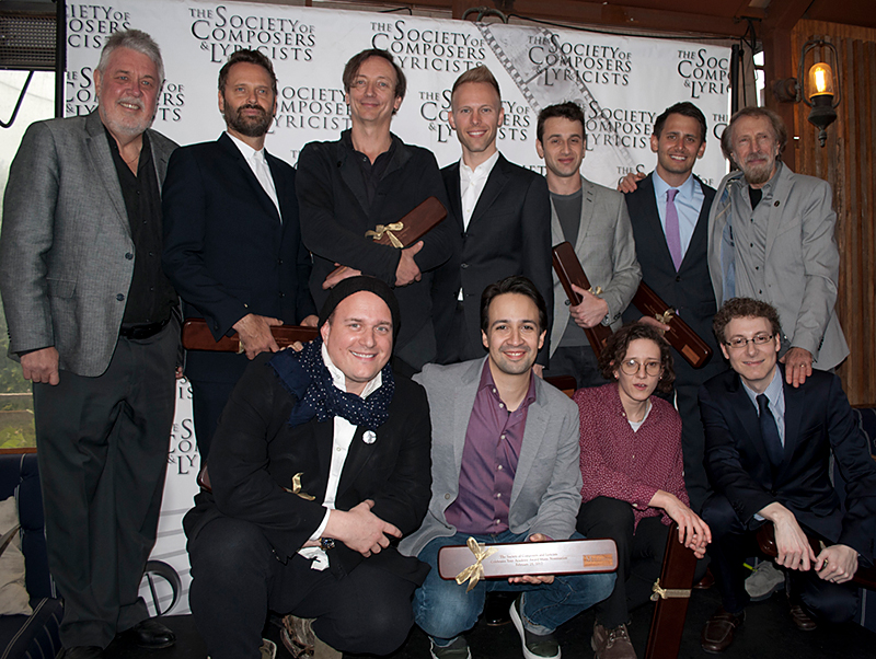 Top row L to R: SCL President Ashley Irwin, Dustin O'Halloran, Hauschka, Justin Paul, Justin Hurwitz, Benj Pasek, Academy music branch governor Charles Bernstein. Bottom row L to R: J. Ralph, Lin-Manuel Miranda, Mica Levi, Nicholas Britell.