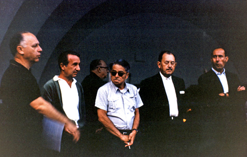 Rehearsing final bows, left to right: David Raksin, Alex North, Alfred Newman, Mahlon Merrick, Henry Mancini. 