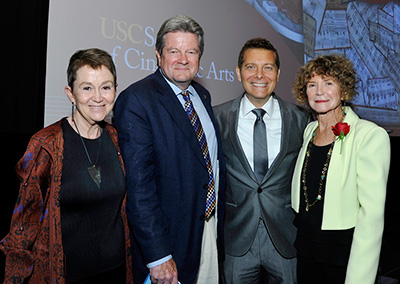 Dean Elizabeth Daley, Dan Carlin, Michael Feinstein and Bonnie Cacavas at the celebration of the John Cacavas Music Collection at USC's School of Cinematic Arts. (Photo by John Sciulli)