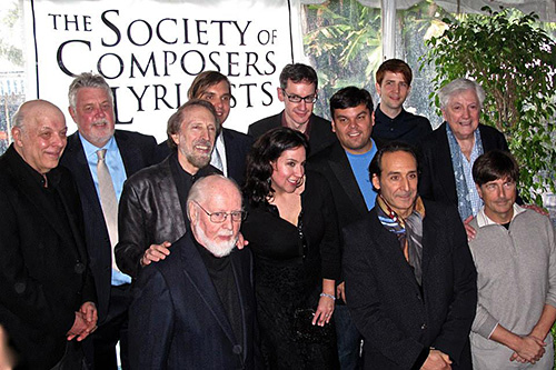 Left to right, (back row) Academy Governor Charles Fox, SCL President Ashley Irwin, William Butler, Steven Price, Owen Pallett; (center row) composer Charles Bernstein, Kristen Anderson-Lopez, Robert Lopez, Academy Governor Arthur Hamilton; (front row) John Williams, Alexandre Desplat, Thomas Newman