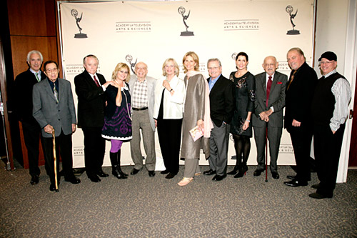 The all-star cast, left to right: Steven Bochco, Vic Mizzy, Robert Vaughn, Maureen McCormick, Sherwood Schwartz, Bonnie Bartlett, Lindsay Wagner, William Daniels, Monica Mancini, Earle Hagen, Stacy Keach, Mike Post