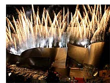 Fireworks light up the sky from Frank Gehry's Walt Disney Concert Hall